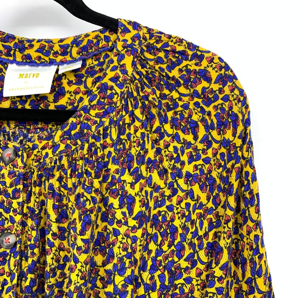 Maeve X Anthropologie Button Front Half Sleeve Blouse Sz M Yellow Blue Floral - Picture 3 of 5